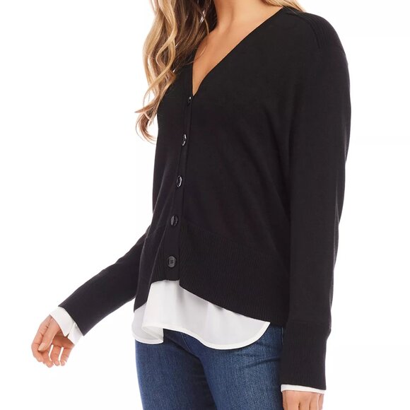 148$ Karen Kane Layered Buttons Front Cardigan Sweater Women's Size XL Black - Picture 2 of 4